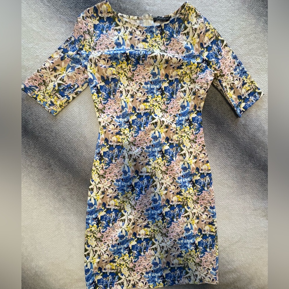 (B5) Ezra Floral Sheath Vibrant Blue‎ Yellow Abstract Print Dress S